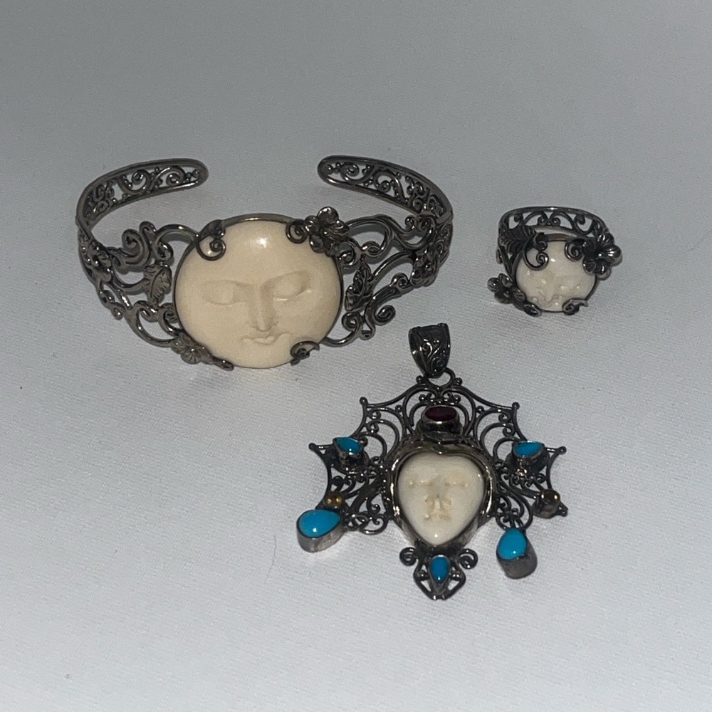 Vintage Sajen sterling silver bone moon goddess pendant cuff ring bundle